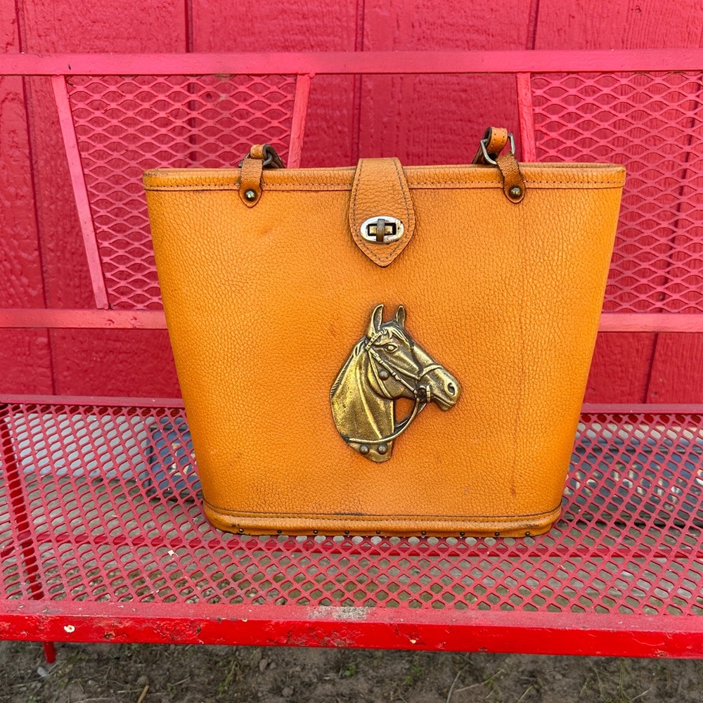 Vintage Equestrian Horse Head Leather Tote Bag Wooden Base Western Riding Purse